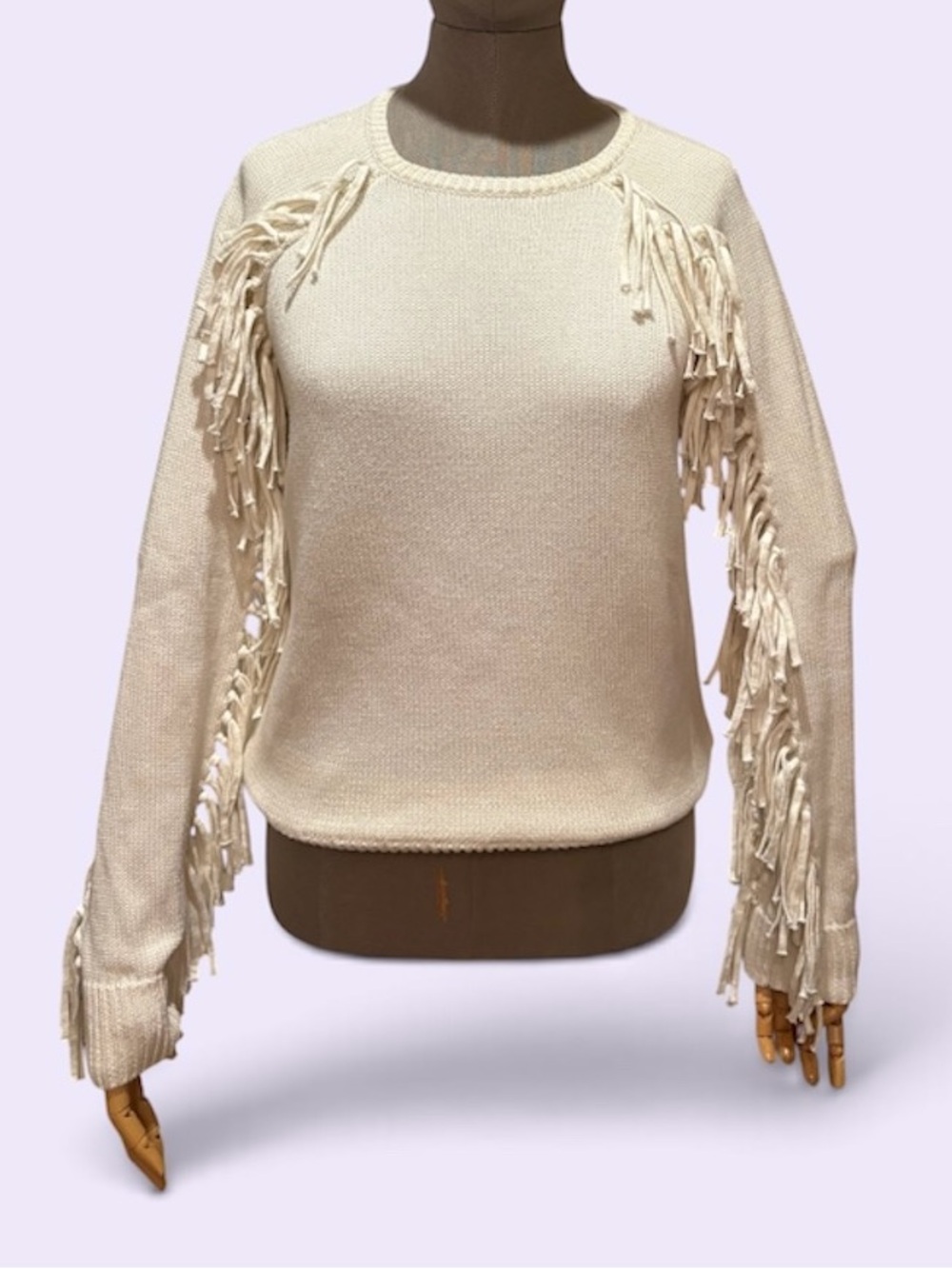 Ralph Lauren Cream Fringe Crewneck Sweater, size medium, like new